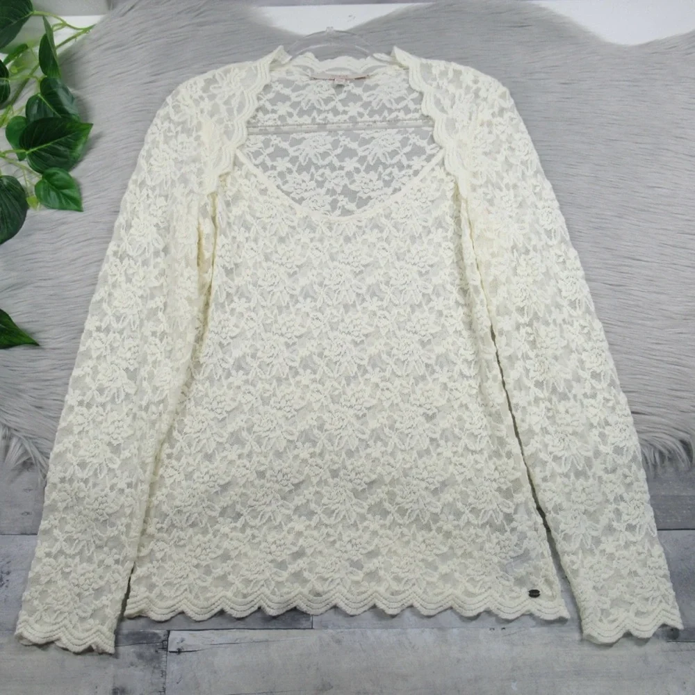 GUESS Ivory Lace Sweetheart Neck Long sleeve Sheer Blouse Women's Size XL